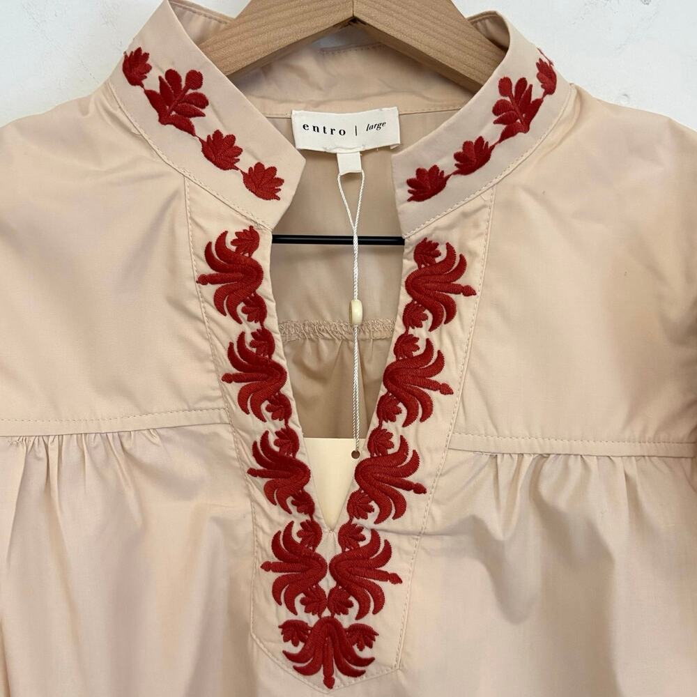 Entro Good Afternoon Blouse Sz L Cream Rust Red Embroidered Puff Sleeve Boho NWT - Picture 3 of 9
